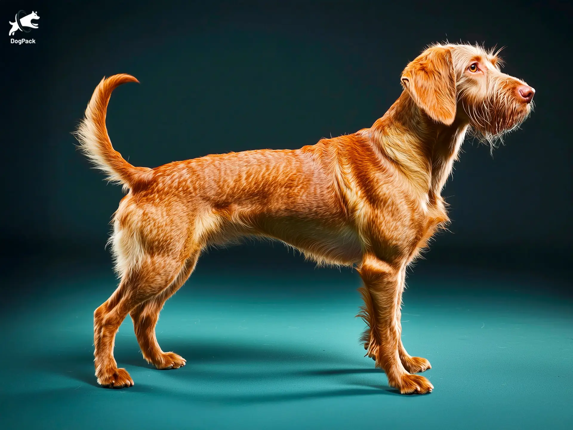 Wirehaired Vizsla Dog breed full body view standing against green background