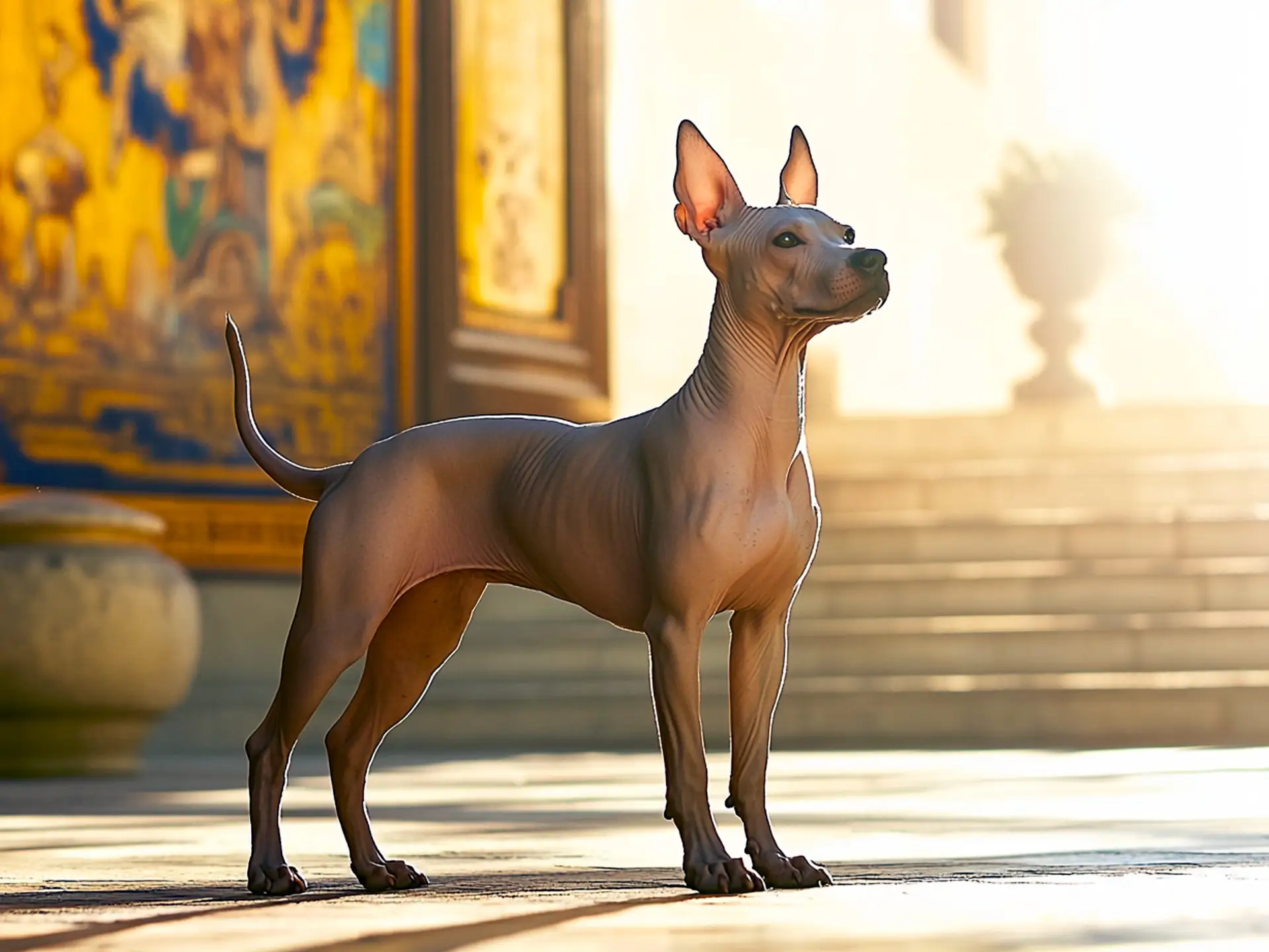 A standard-sized hairless Xoloitzcuintli in an Aztec-themed courtyard, showcasing its distinct and ancient appearance