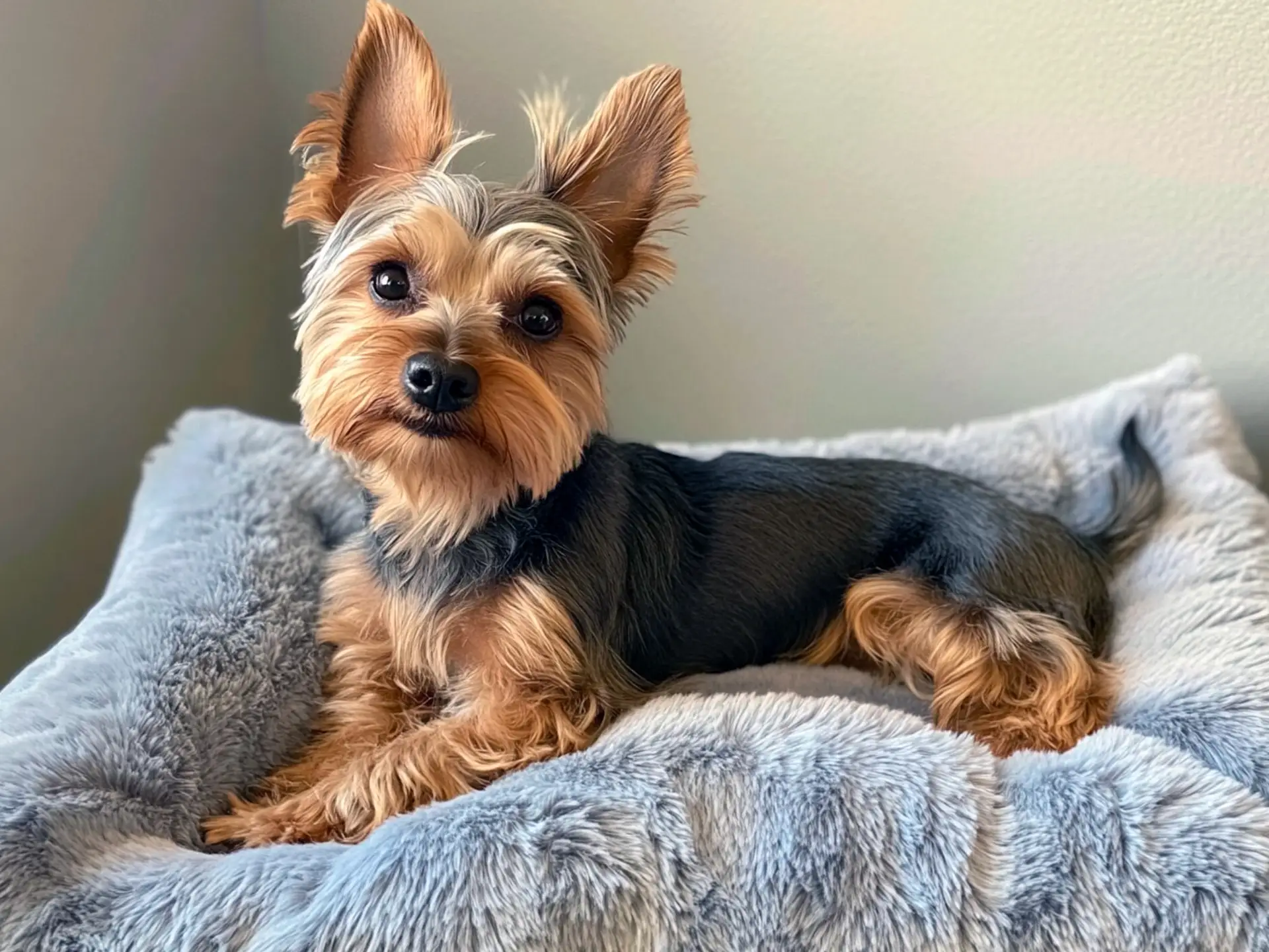 A small Yorkshire Terrier with a stylish haircut, showing a trendy breed well-suited for first-time dog owners