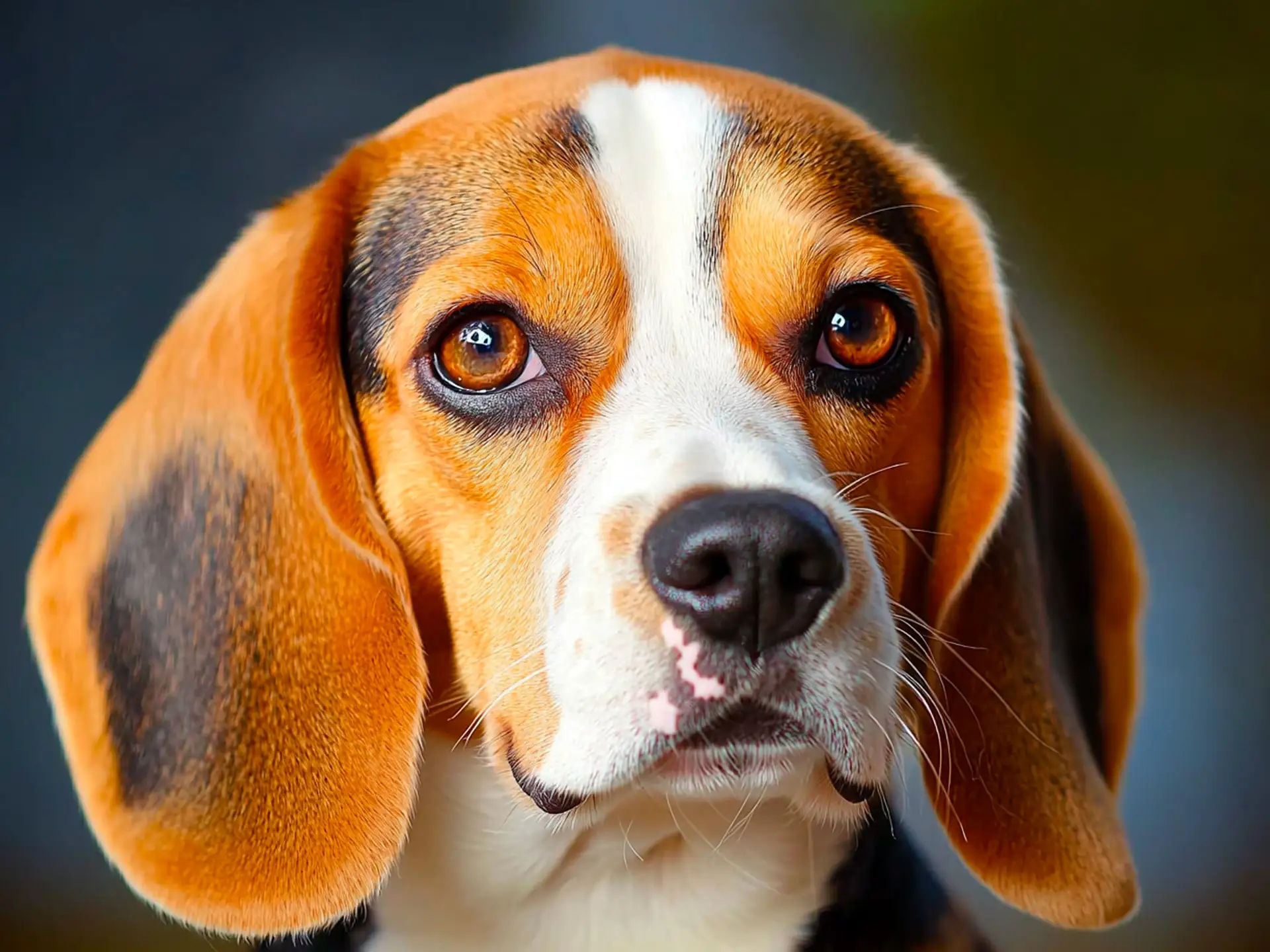 A detailed close-up of a Beagle’s face, highlighting its soulful brown eyes and distinctive floppy ears.