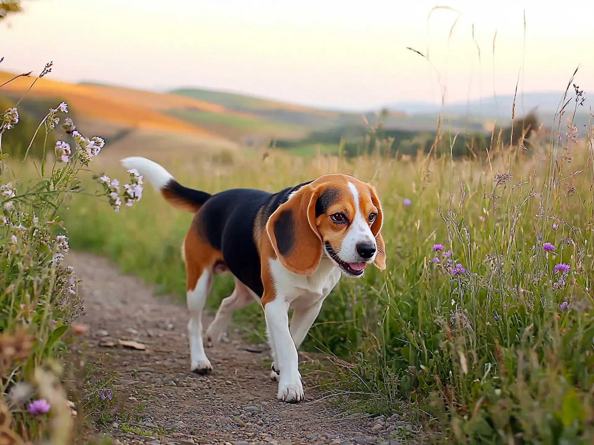 A tricolor Beagle walking along a scenic trail in the countryside, surrounded by tall grass and wildflowers.