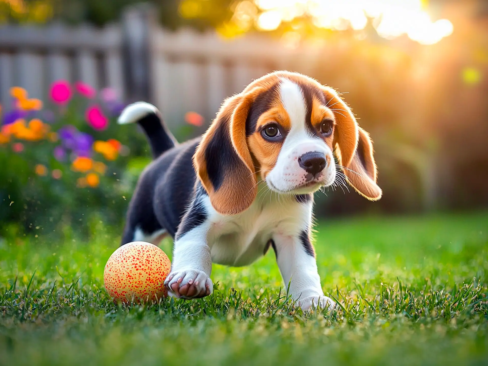 A young Beagle puppy in a backyard, happily playing with a toy ball in the grass during golden hour.