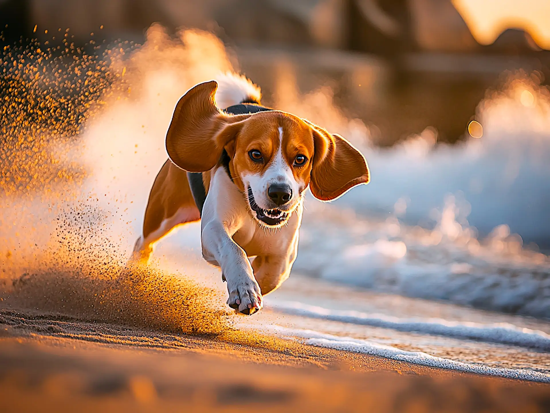 A fast Beagle sprinting across the sand, ears flapping, with waves crashing in the background at sunset.