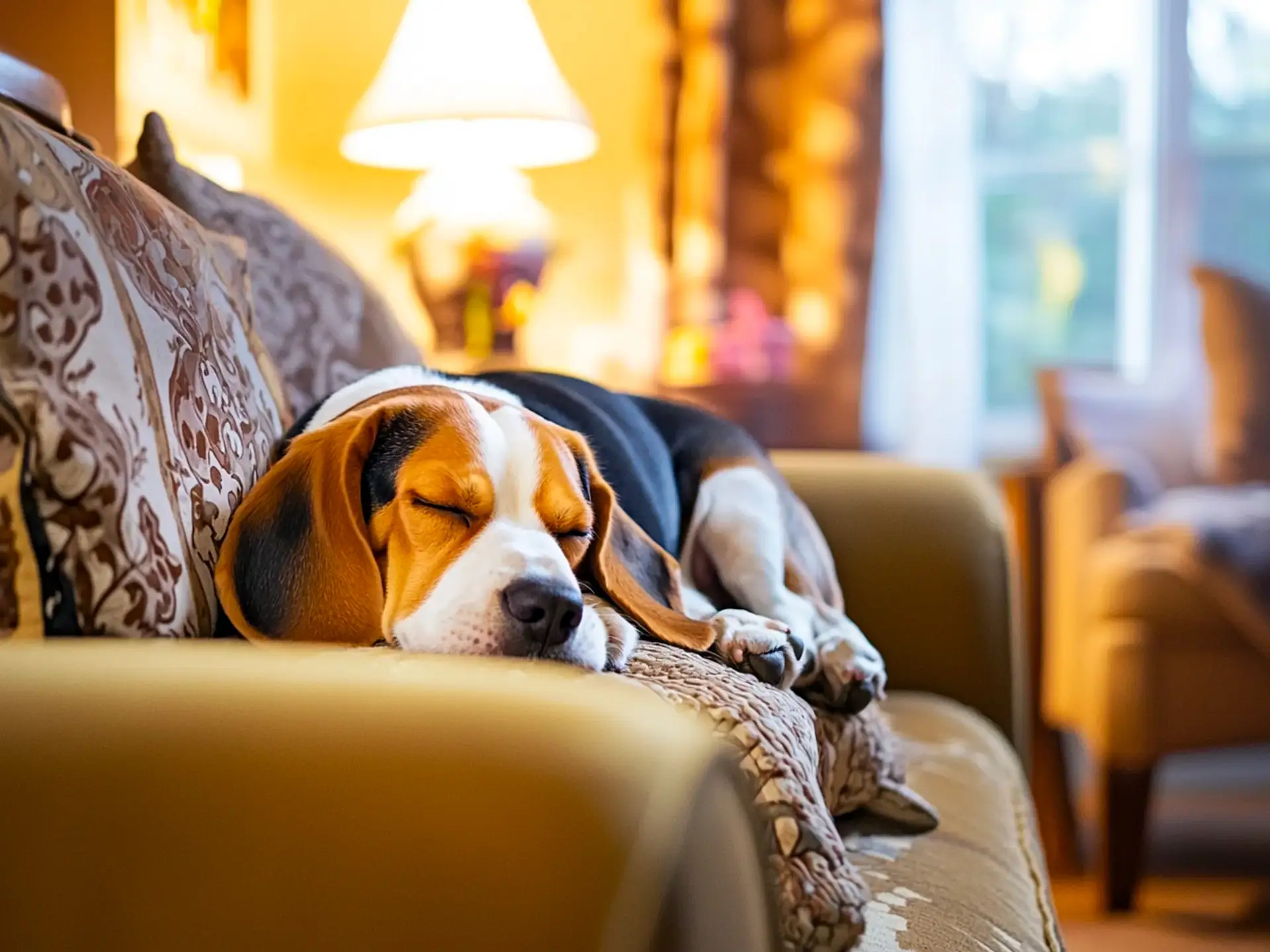 A relaxed Beagle curled up on a soft couch, peacefully sleeping in a warm and inviting home setting.