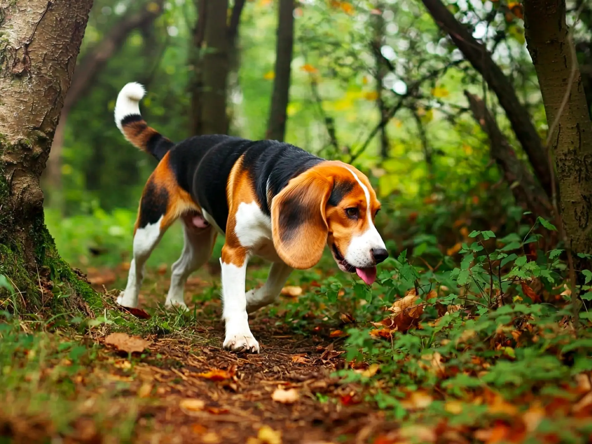 A tricolor Beagle walking through a green forest, nose to the ground, showcasing its excellent scent-tracking abilities.