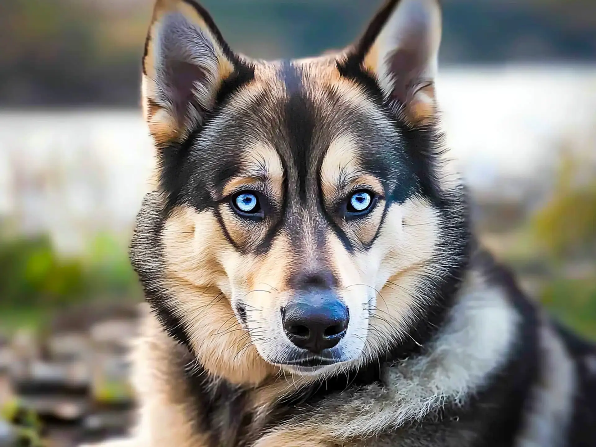 Close-up of a Gerberian Shepsky with striking blue eyes and thick, fluffy fur.