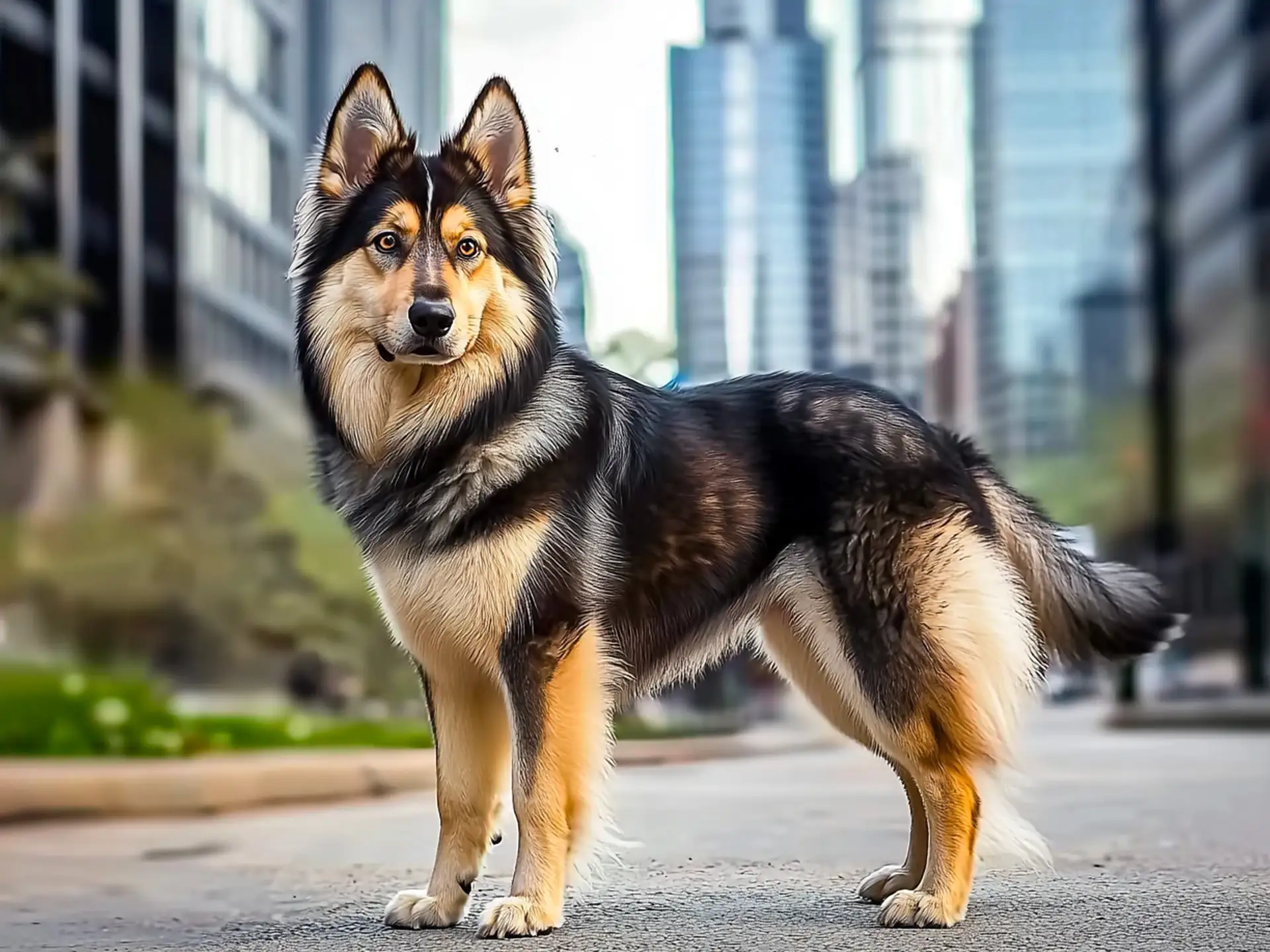 Gerberian Shepsky standing in an urban setting with a confident stance and thick coat.