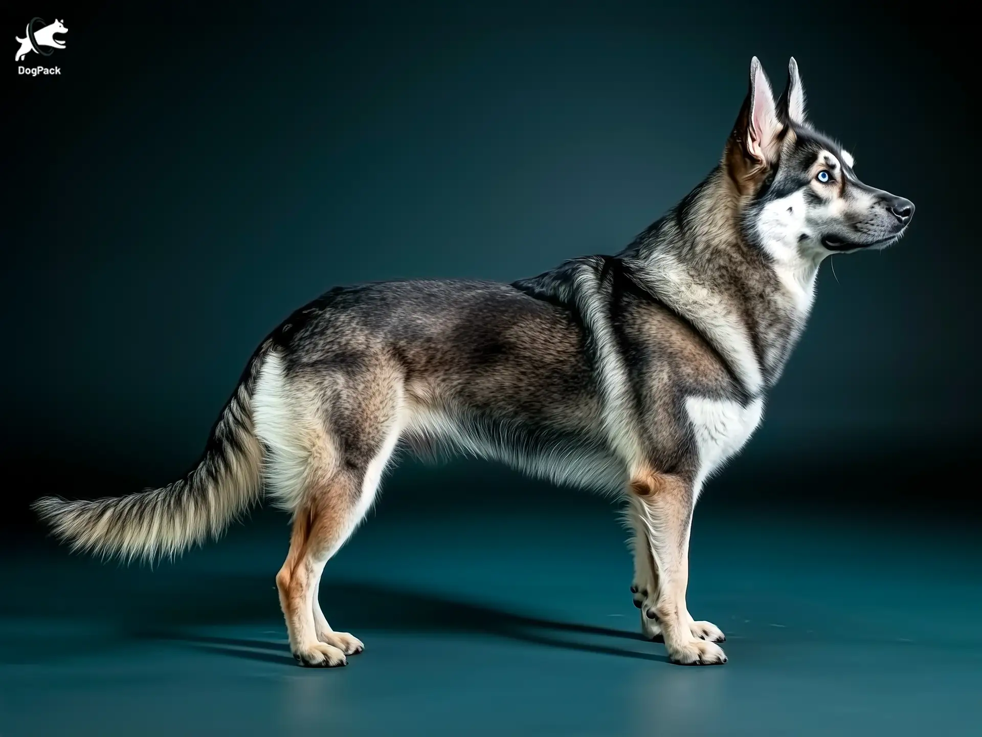 Gerberian Shepsky dog breed full body view standing against green background