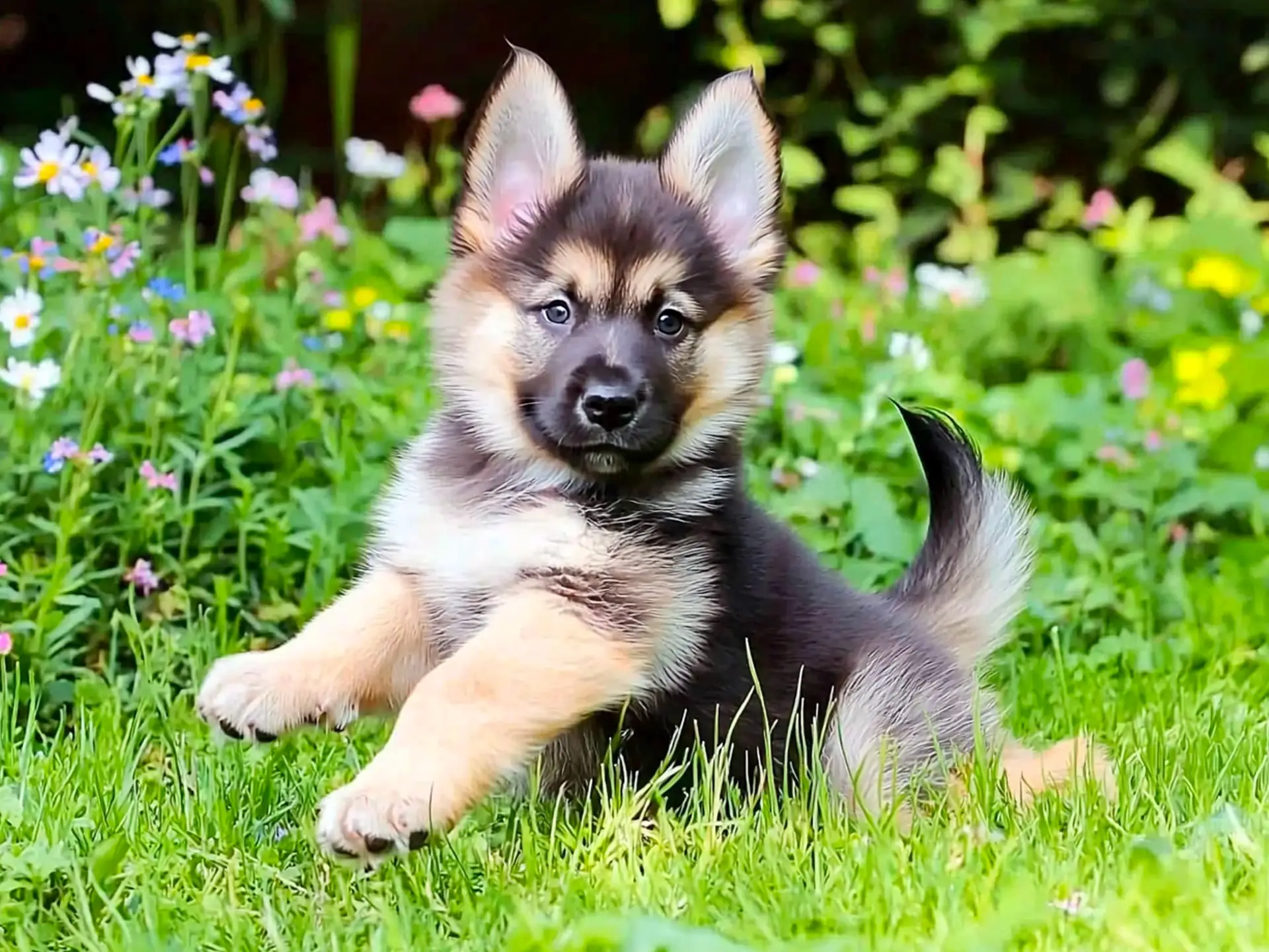 Adorable Gerberian Shepsky puppy playing in the grass with fluffy fur and perky ears