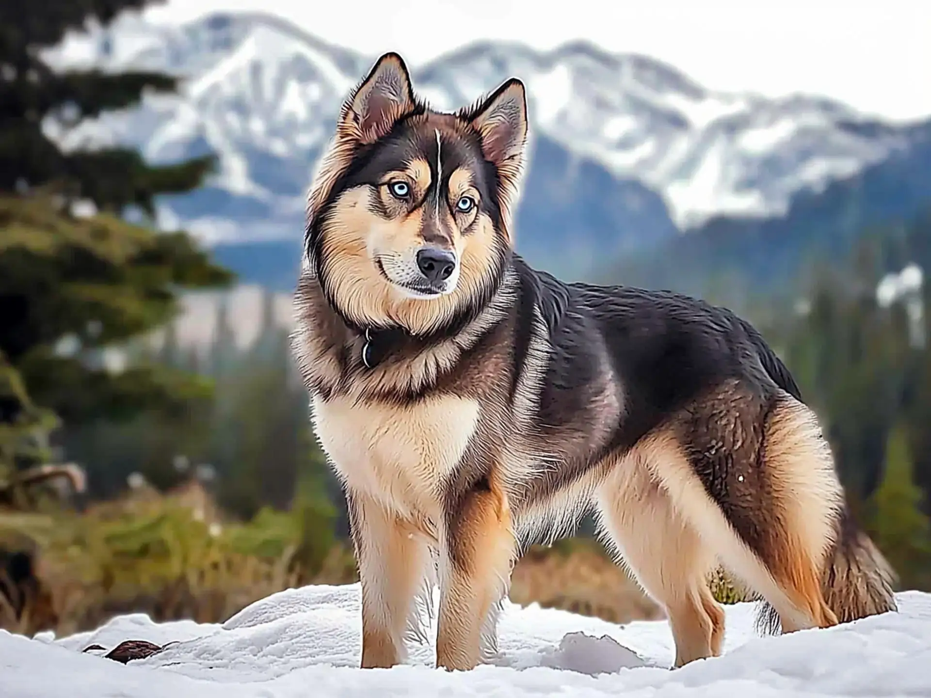 Majestic Gerberian Shepsky standing in snowy mountains with thick coat and piercing blue eyes