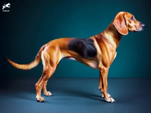 Serbian Hound (Srpski Gonič) dog breed full body view standing against green background