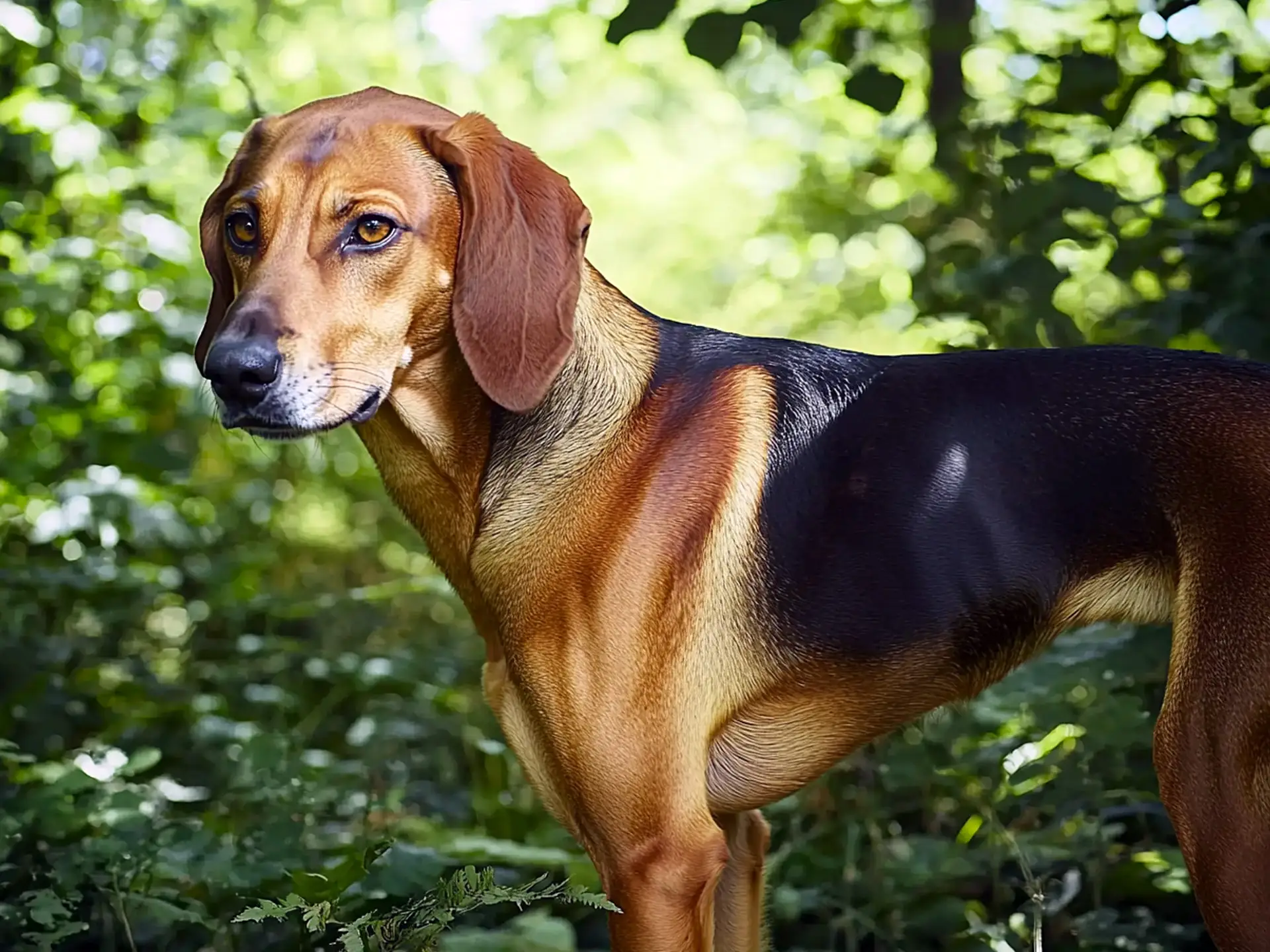 Serbian Hound (Srpski Gonič) standing in a lush green forest, showcasing its sleek black and tan coat.