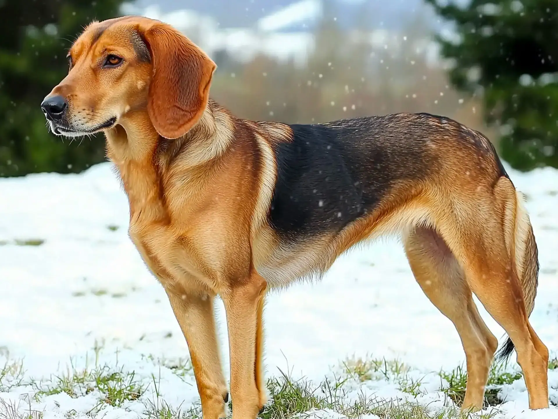 Serbian Hound (Srpski Gonič) standing in a snowy landscape, displaying its strong hunting build and alert posture.