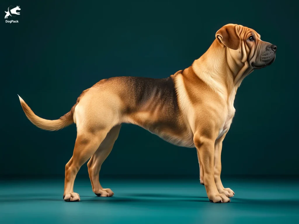 Sharpeagle dog breed full body view standing against green background