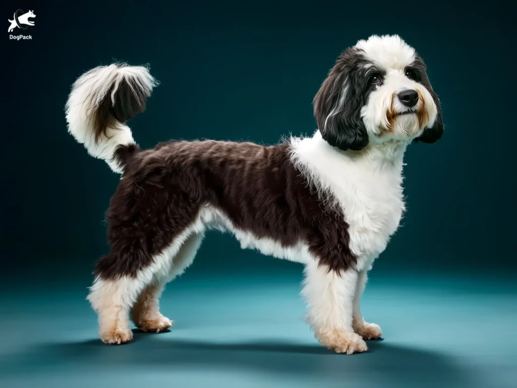 Sheepadoodle dog breed full body view standing against green background