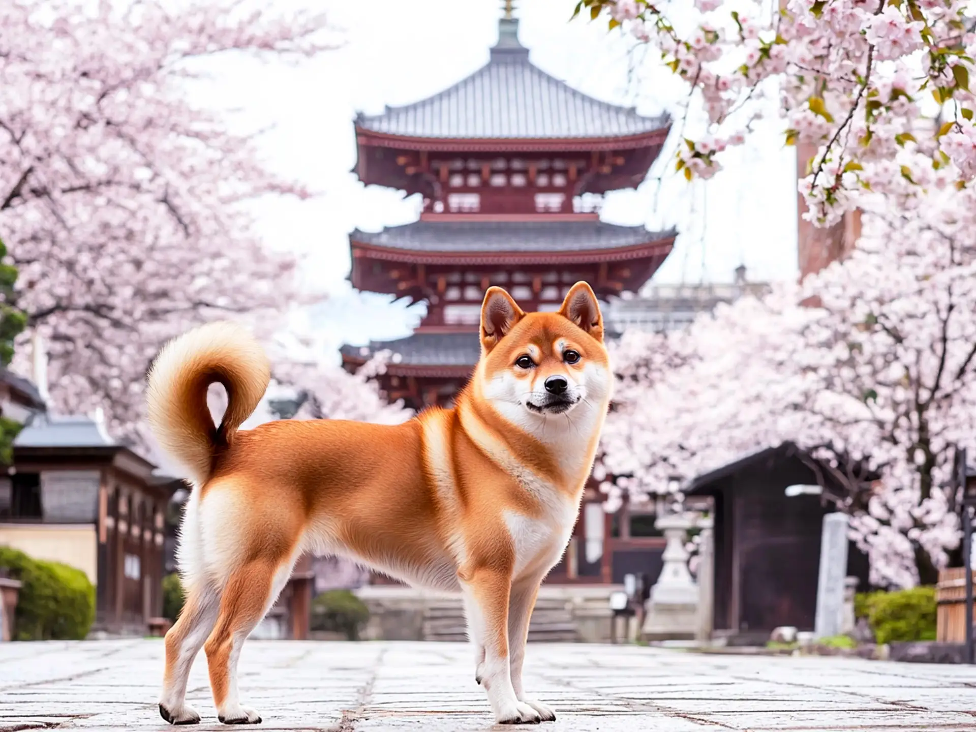 Shiba Inu in Japan with cherry blossoms and a traditional pagoda in the background.