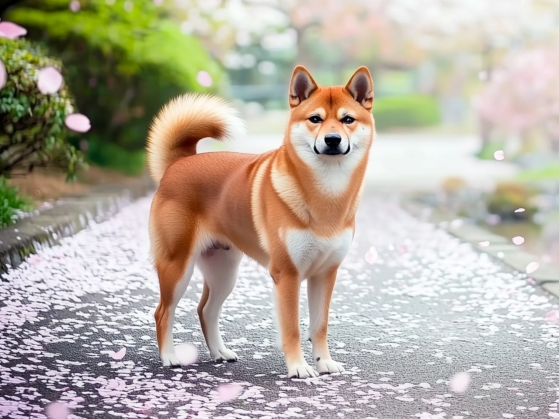 Shiba Inu walking on a petal-covered path surrounded by cherry blossoms.