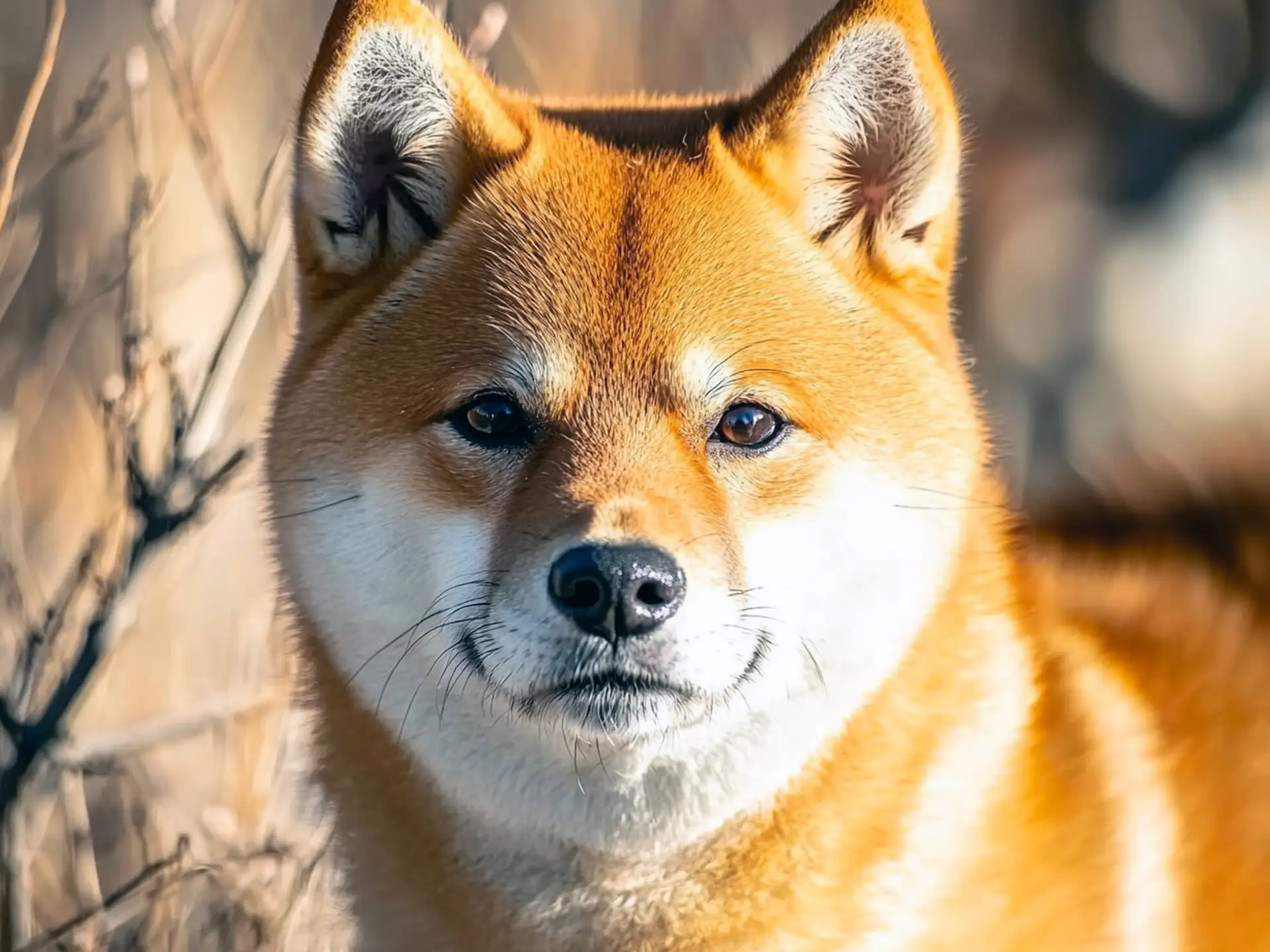 Shiba Inu standing in a natural outdoor setting, staring at the camera with a confident expression.