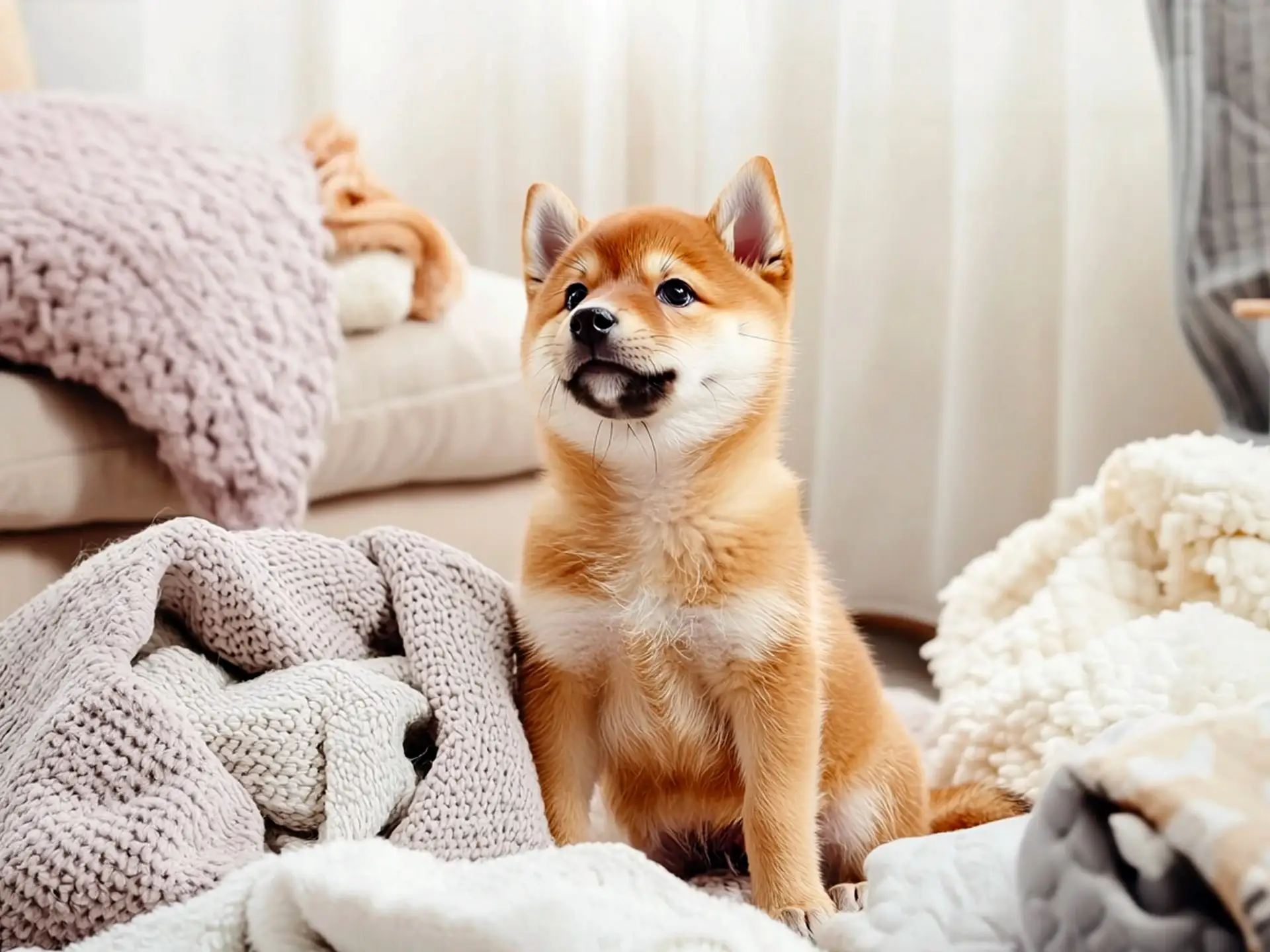 Shiba Inu puppy wrapped in cozy blankets inside a stylish living room.