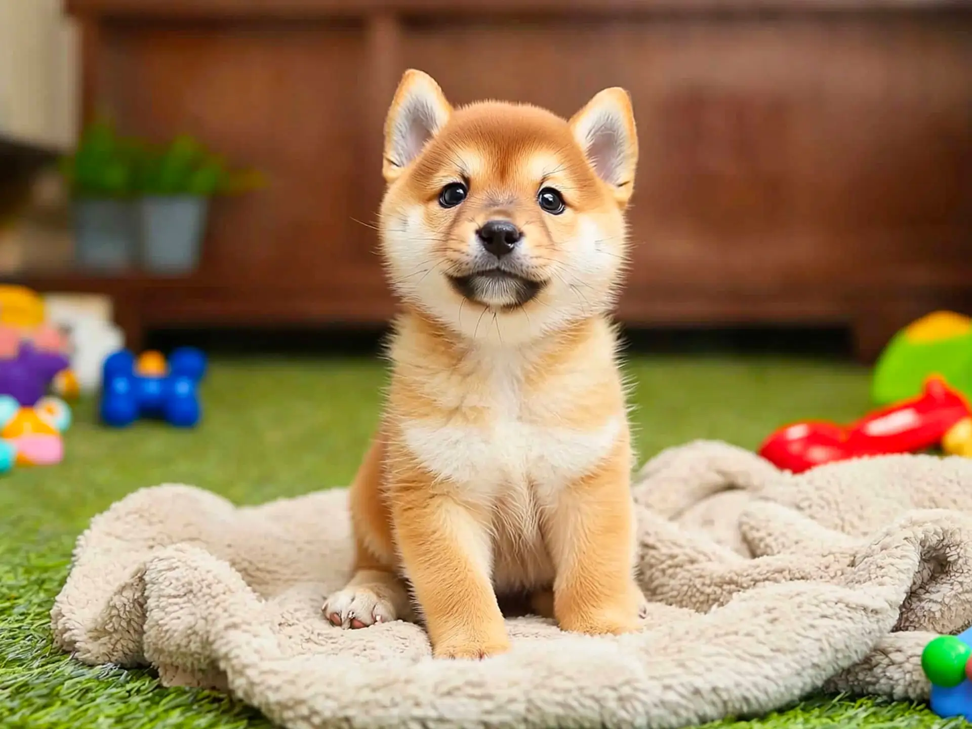 Shiba Inu puppy sitting on a soft blanket with toys in the background.