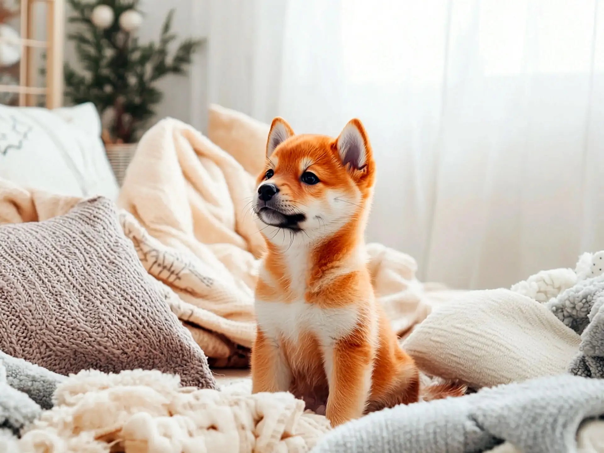 Shiba Inu puppy sitting on a soft beige blanket, surrounded by warm indoor lighting.