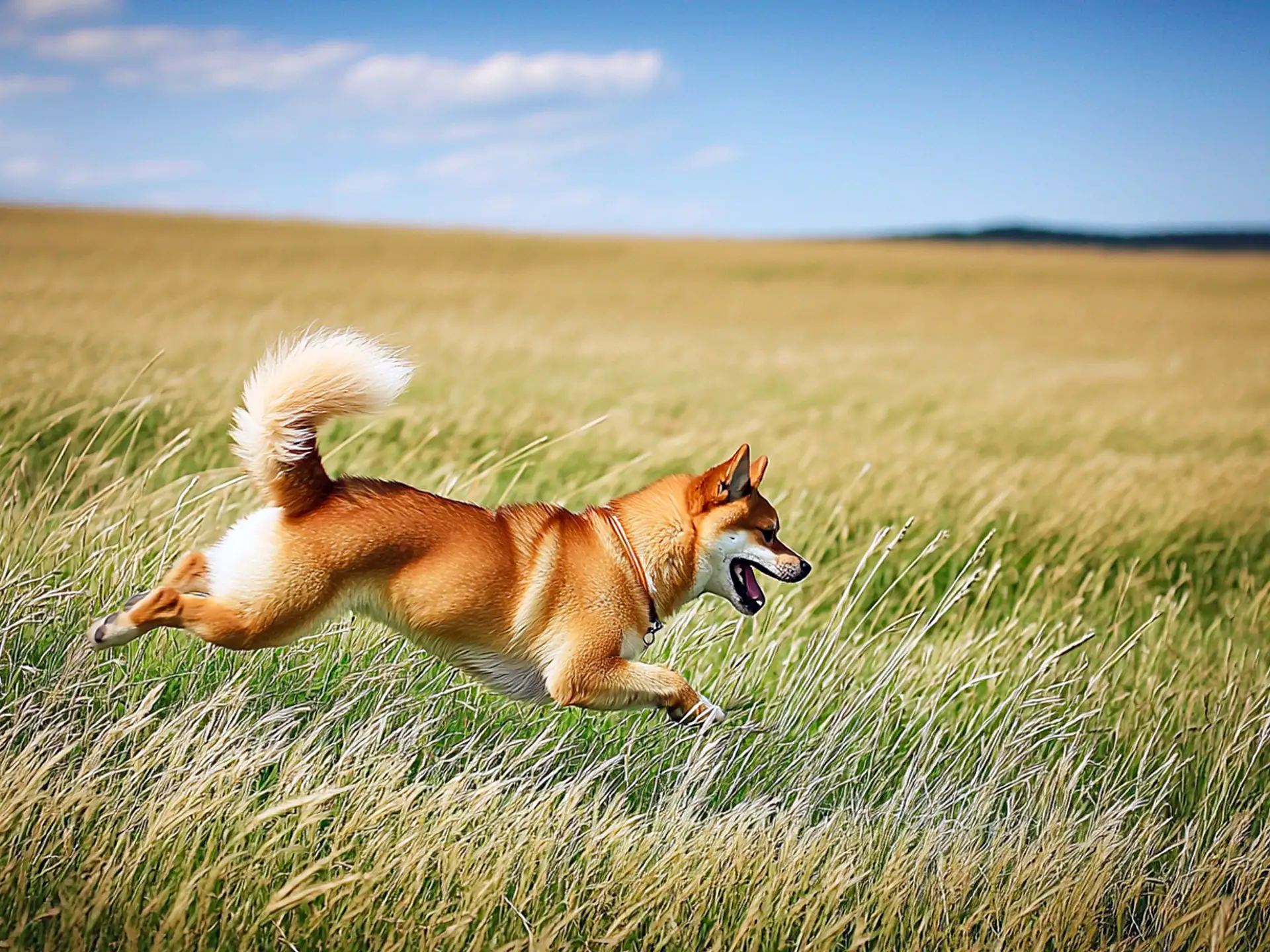 Shiba Inu mid-leap across an open field with golden grass and blue sky.