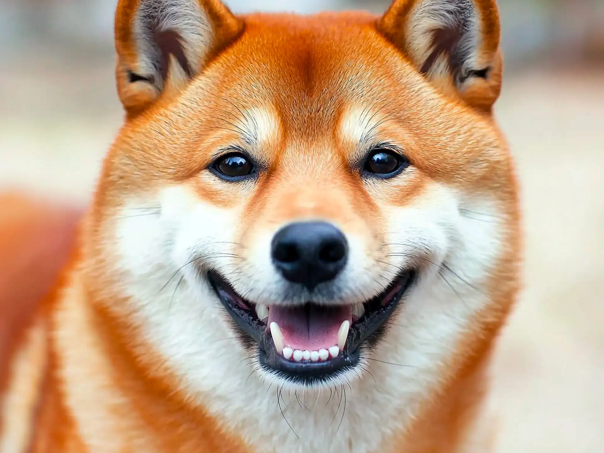 Close-up of a smiling Shiba Inu with a thick red coat and perked ears.