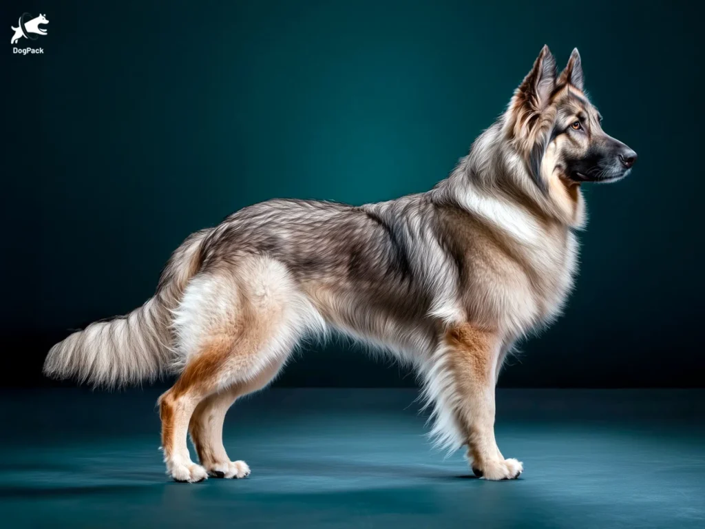 Shiloh Shepherd dog breed full body view standing against green background