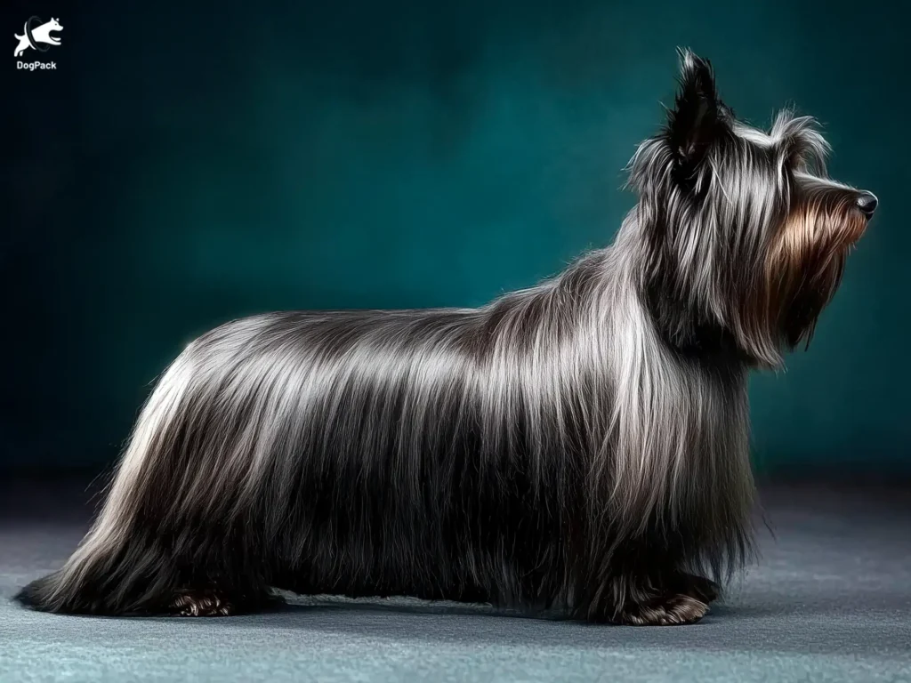 Skye Terrier dog breed full body view standing against green background